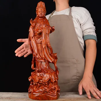 

Lotus Guanyin Bodhisattva statue Solid wood red pear hand-carved Buddha statue Modern home decoration crafts 60cm Guanyin