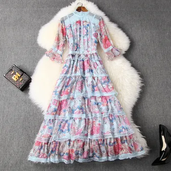 

Women Dress Midi 2020 Spring Summer New Stand Collar Flare Sleeves Printed Patchwork Lace High Waist Elegant Dresses Female S-XL