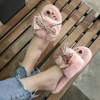 

Women Plush House Home Slippers Faux Fur Warm Shoes 2020 Woman Slip on Flats Cute Bowtie Female furry Slides winter slippers