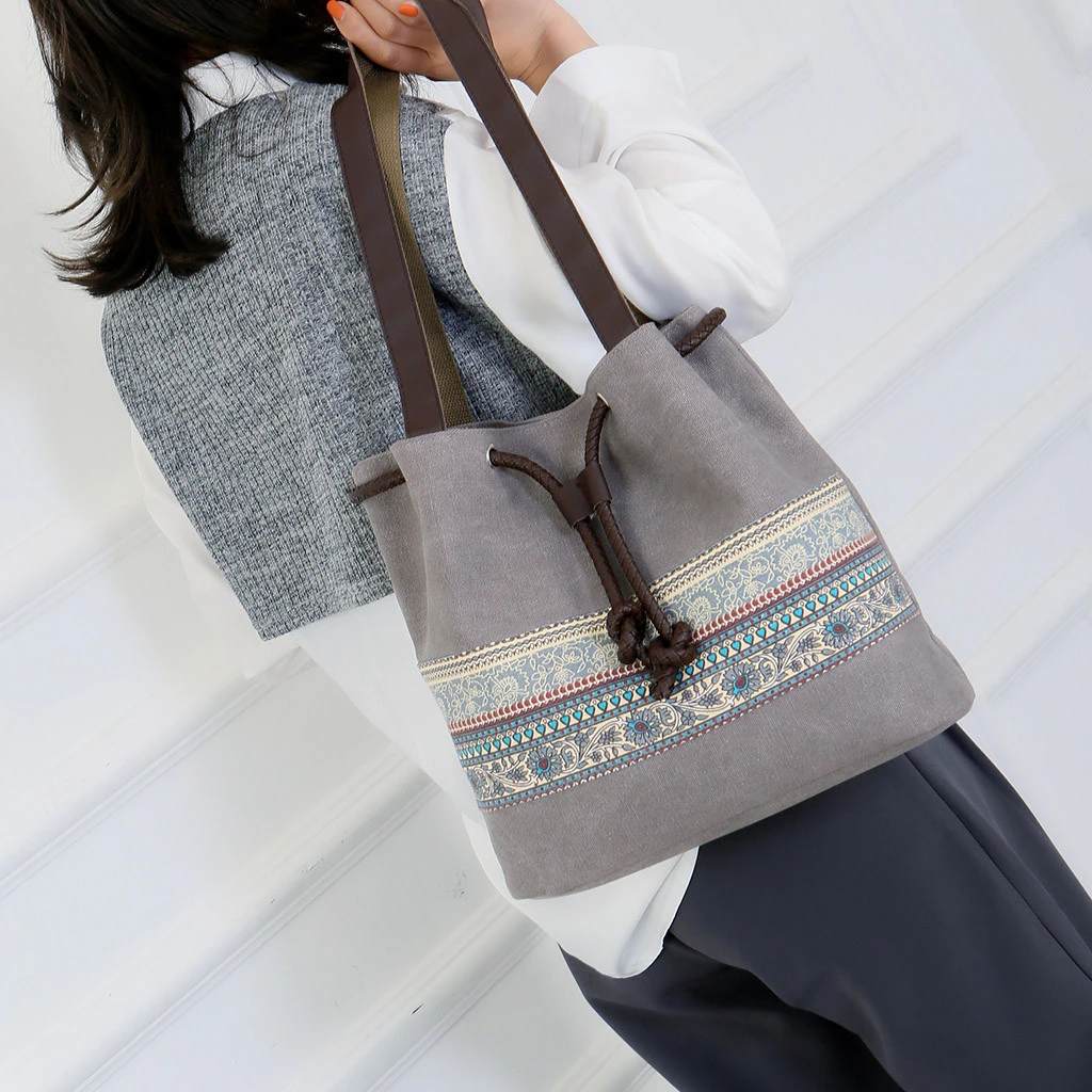 Style Canvas Handbags Women Drawstring Bucket Bag Lady Cheap Shoulder Single Shoulder Shopping Bags Floral Printed Beach Bag 820