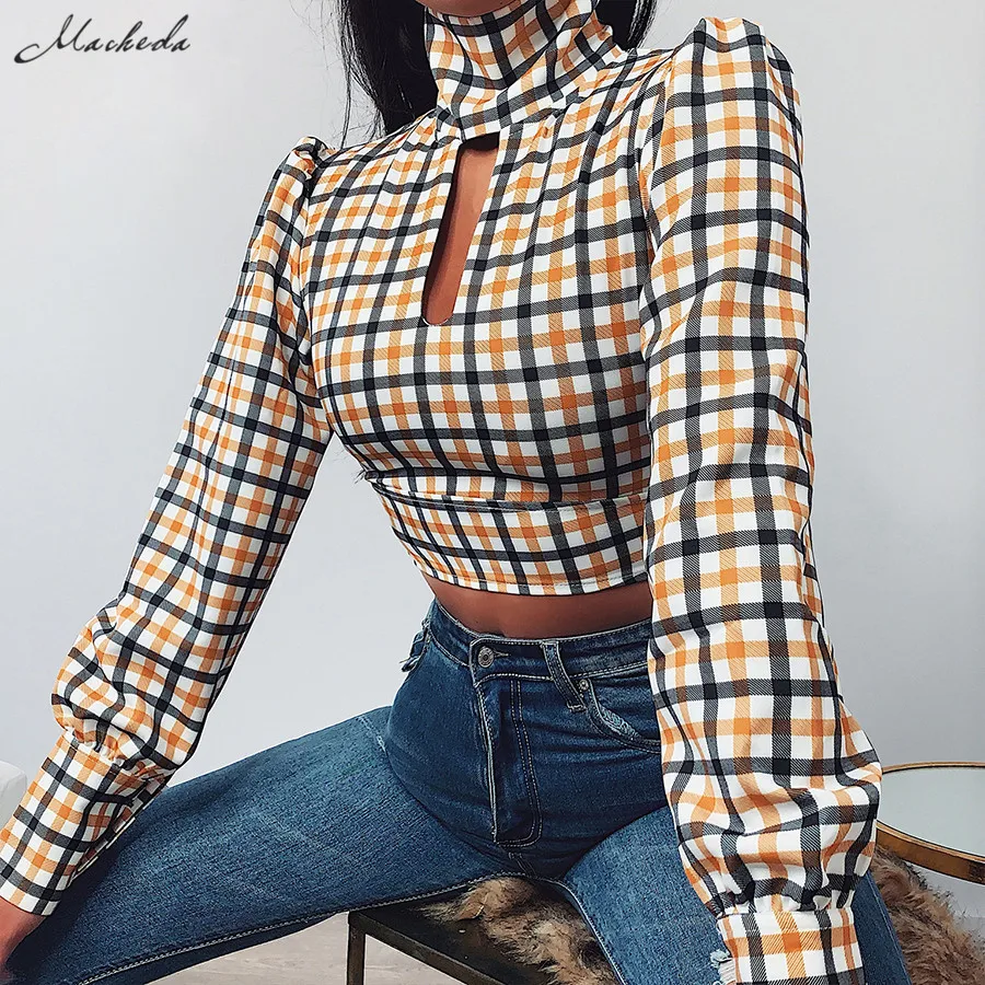 Macheda Женская Высококачественная клетчатая серия yollow crop top Весенняя Новая Элегантная Сексуальная уличная футболка с открытой спиной