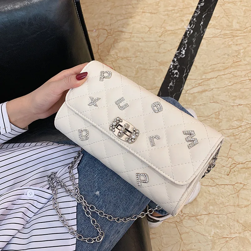 

Bag Women 2020 New Trendy Diamond-studded Lock Small Square Bags Shoulder Messenger Rhombus Chain Bags Niche Design Texture Bags