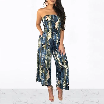 

Women Sexy Strapless Off Shoulder Leaf Printed Loose Jumpsuits Summer Beach High Waist Wide Leg Pants Rompers One Piece Overalls