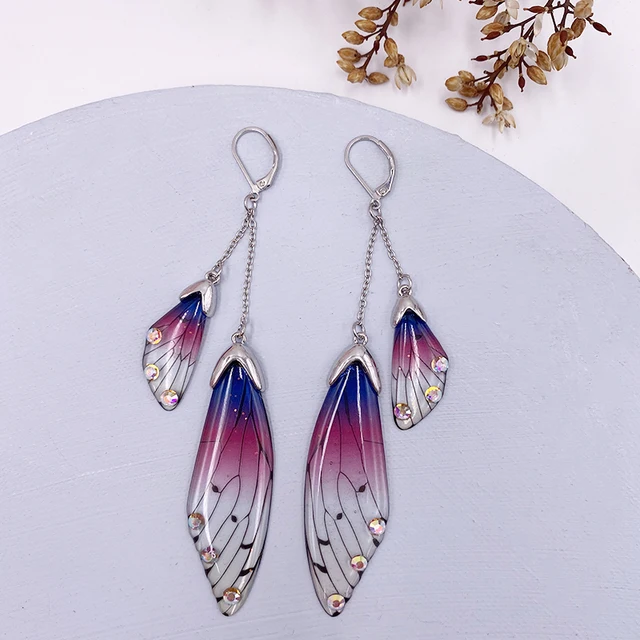 Fairy Resin Butterfly Earrings for Women Shining Crystal Flake Double Wing Long Drop Earrings Ladies Wedding Party Jewelry 2020 Silver-Purple
