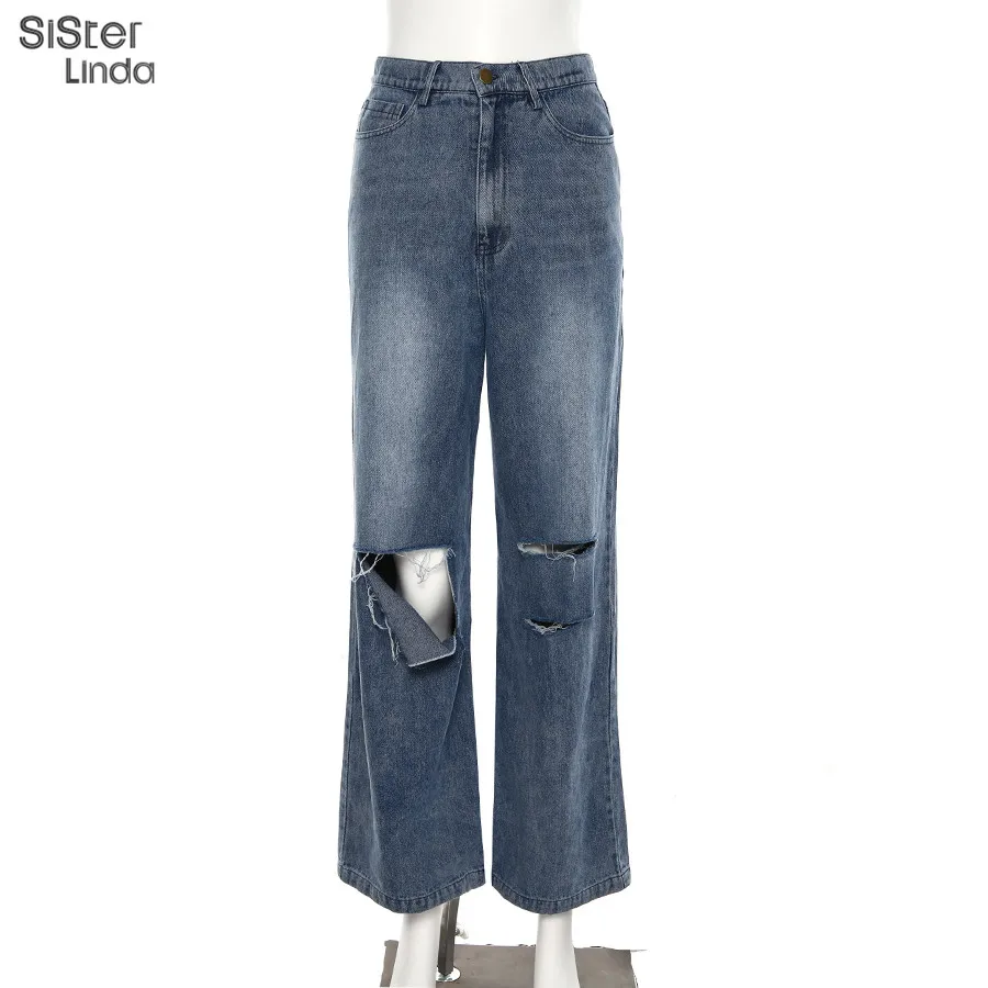 Sisterlinda, Осень-зима, Harajuku, ажурные джинсы, женские, одноцветные, чистые, повседневные, свободные, тонкие, расклешенные, с высокой талией, джинсы с дырками, женские штаны