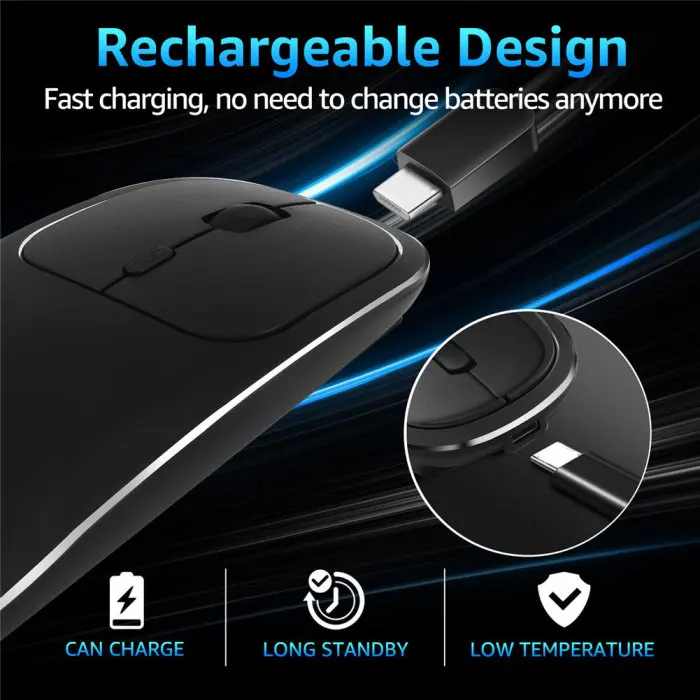 Перезаряжаемая игровая мышь Bluetooth металлическая беззвучная клик 2 режима с usb-приемником OUJ99
