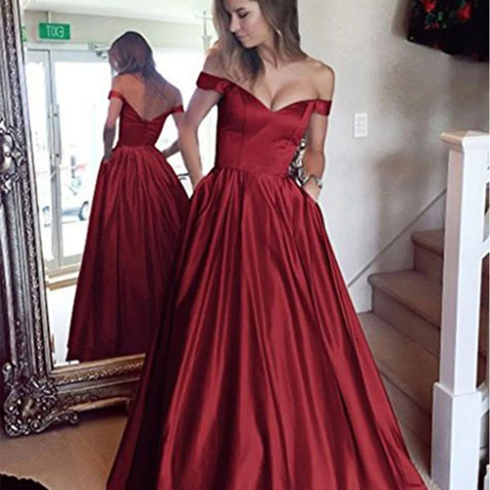 Vestido de festa элегантное выпускное платье с открытыми плечами размера плюс, длинное платье, атласное выпускное платье с карманами, дешево, на заказ