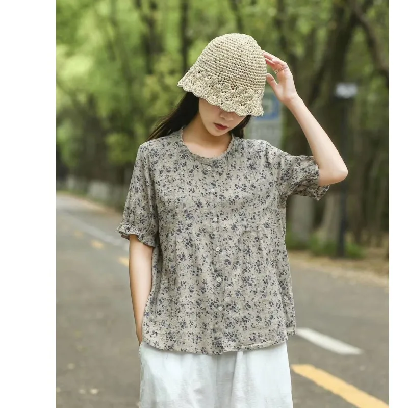 Vintage little flowers print single breasted cotton short sleeve cardigan shirt women 2020 | Женская одежда