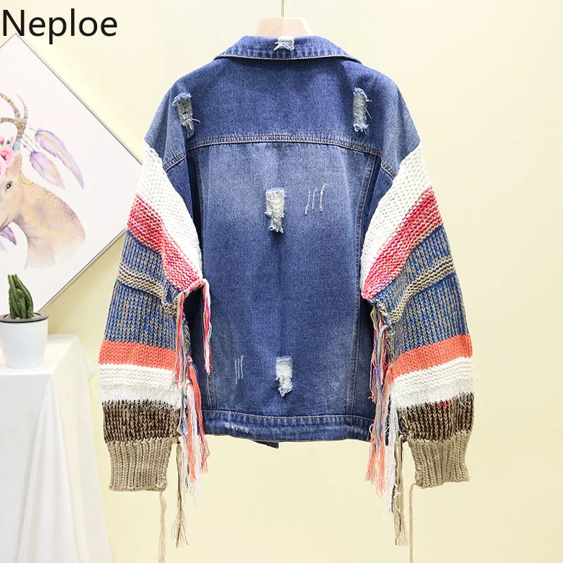 Neploe/Корейская осенне-зимняя новая свободная джинсовая куртка с кисточками, женская модная трикотажная куртка в стиле пэчворк с длинными рукавами Chaqueta Mujer 46319