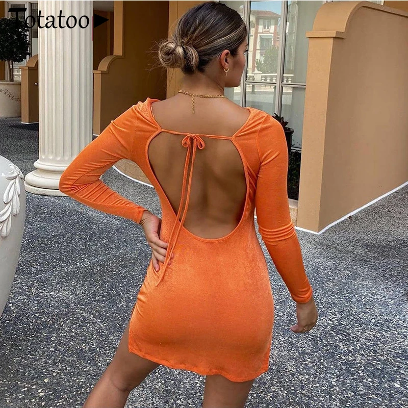 Totatoop Vintage Orange Long SLeeve Autumn Winter Dress For Women 2021 Sexy Backless Split Cut Club Outfit Festival Party Dress 3