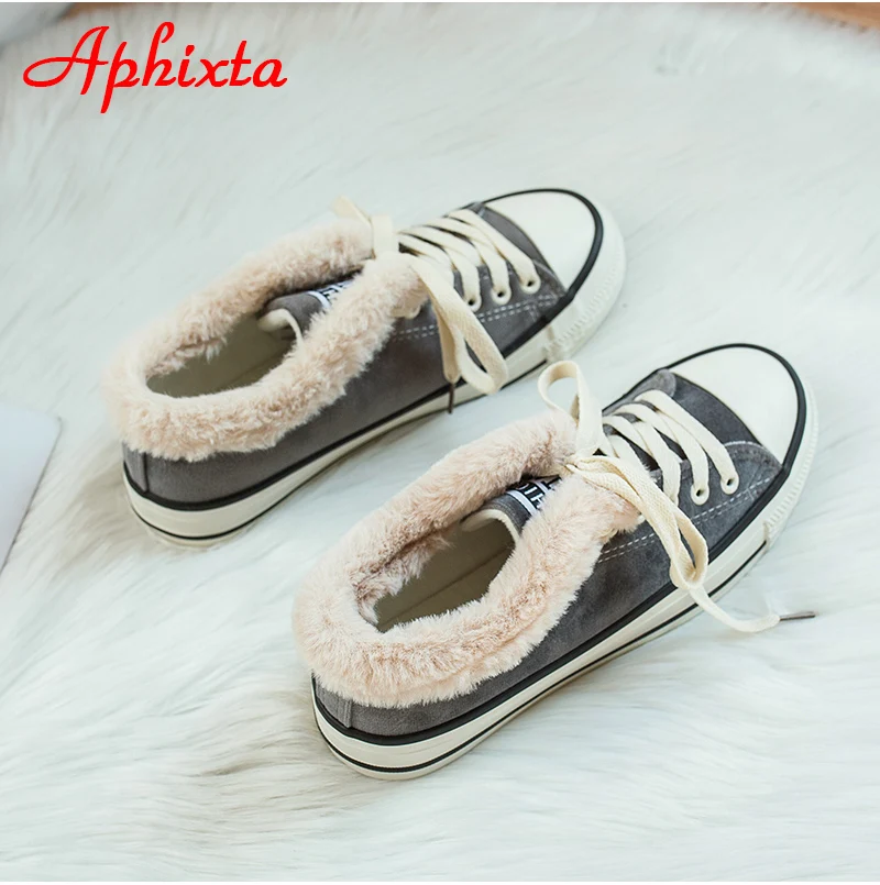 Aphixta Winter Women Flats Vulcanized Sneakers Warm Plush Shoes Woman Canvas Shoes Female Sneakers Fashion Lace Up Shoes
