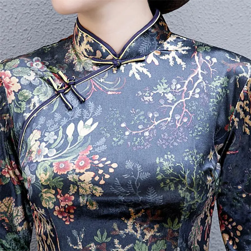 7017-1 Винтаж ручной работы Кнопка Cheongsam 2 шт. Комплект женский традиционный цветочный принт Qipao Мода Атлас qipao Vestidos - Цвет: 7017-1