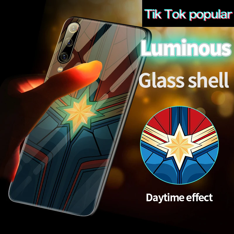 

Luminous Tempered Glass Phone Case Captain Marvel Batman Iron Man Back Cover For Redmi 4X Note 4 5 6 7 8 Pro Case Coque Funda