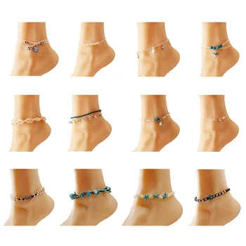 

12 pcs/Set Leg Jewelry Womens Ankle Bracelets Sea Shell Anklets Sexy Leg Chain Handcuff Anklet For Lady Best Friend Gift