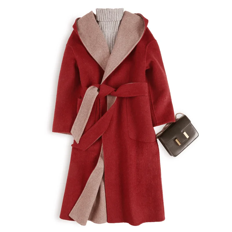 Осень-зима, новинка, Женский Повседневный Тренч из смеси шерсти, большие размеры, длинные пальто с капюшоном, Женская двусторонняя кашемировая верхняя одежда - Цвет: red