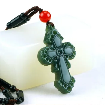 

Natural Hetian Jade Cross Pendant Jesus Necklace Charm Jewellery Fashion Accessories Hand-Carved Man Woman Luck Amulet Gifts