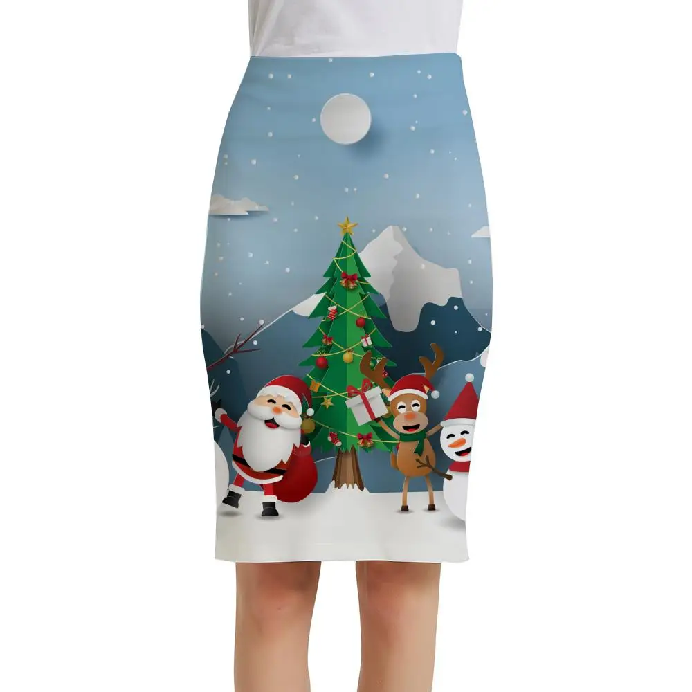 

KYKU Brand Christmas Skirts Women Snowman Elegant New Year Pencil Hip Hop Sundresses Ladies Skirts Womens Vintage Casual Korean