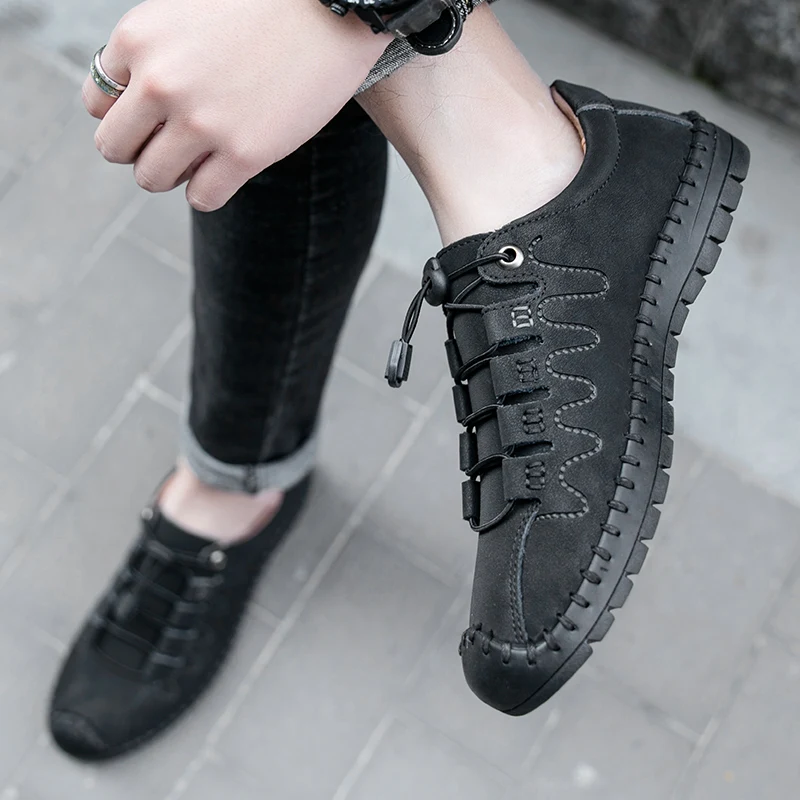 Мужские повседневные Черные кожаные туфли дышащие Модные Туфли-оксфорды для