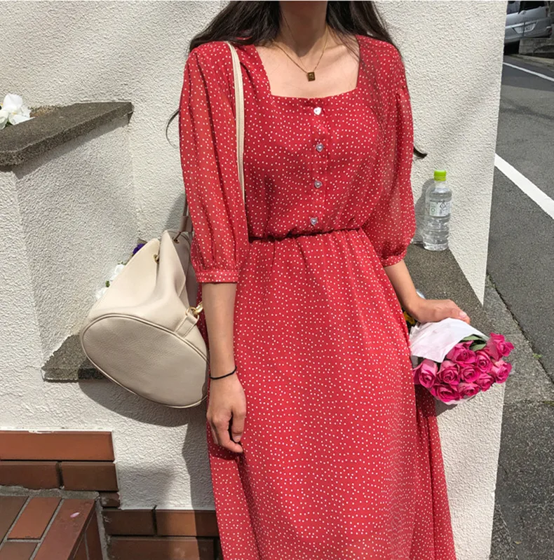 Summer летнее платье для девочек; Повседневное платье Boho OL; повседневное шифоновое в горошек с принтом; женские платья с длинными рукавами; женское платье; Robe femme Vestido