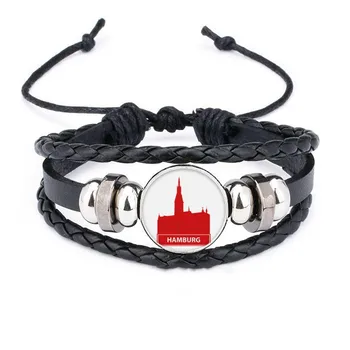 

Hamburg Germany Red Landmark Bracelet Braided Leather Rope Bead Wristband