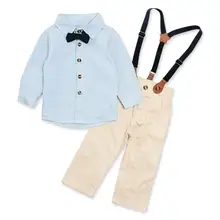Детские комплекты одежды с бантом для мальчиков, длинная футболка для маленьких джентльменов+ штаны, комплект одежды из 2 предметов, Повседневная Осенняя рубашка, брюки на подтяжках