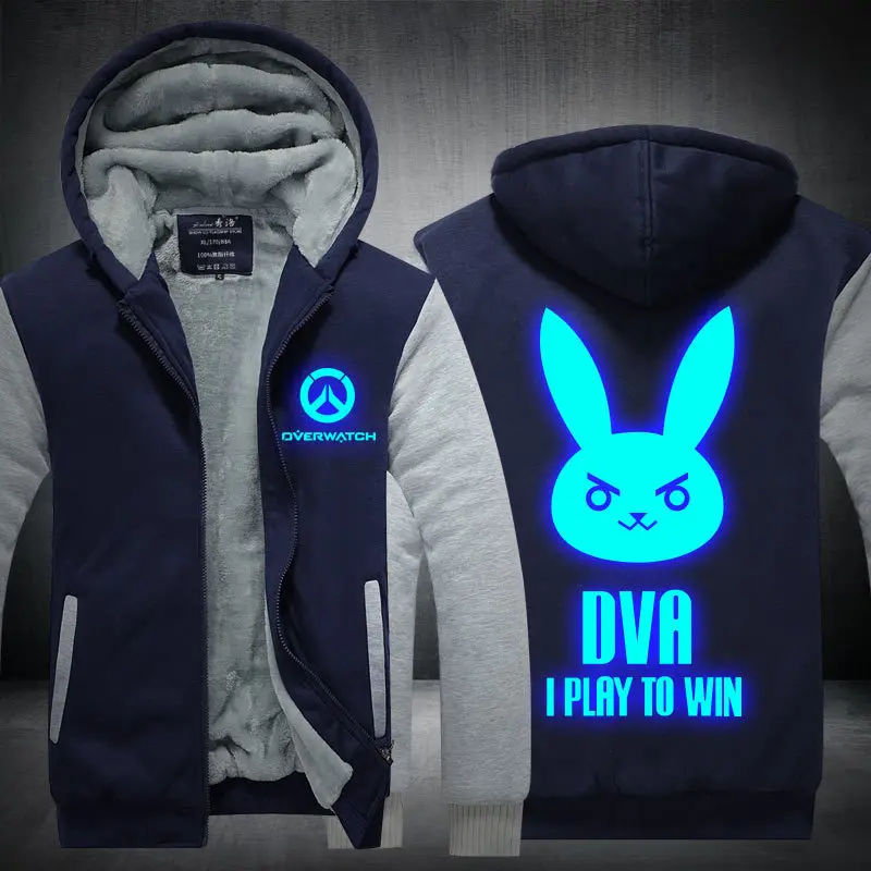 Dva OW Overwatch Luminous Thick Zipper Fleece Winter Jacket Streetwear Sweatshirt Sportswear Top Hoodie Hooded Cosplay Costume - Цвет: Blue and Gray 1