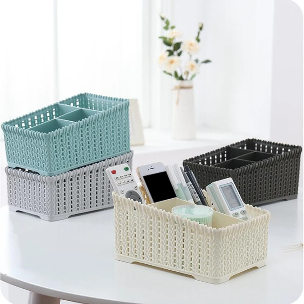 1pcs Imitation Rattan Storage Baskets Desktop Makeup Organizer Box Cosmetics Storage Sundries Container Home Kitchen Supplies