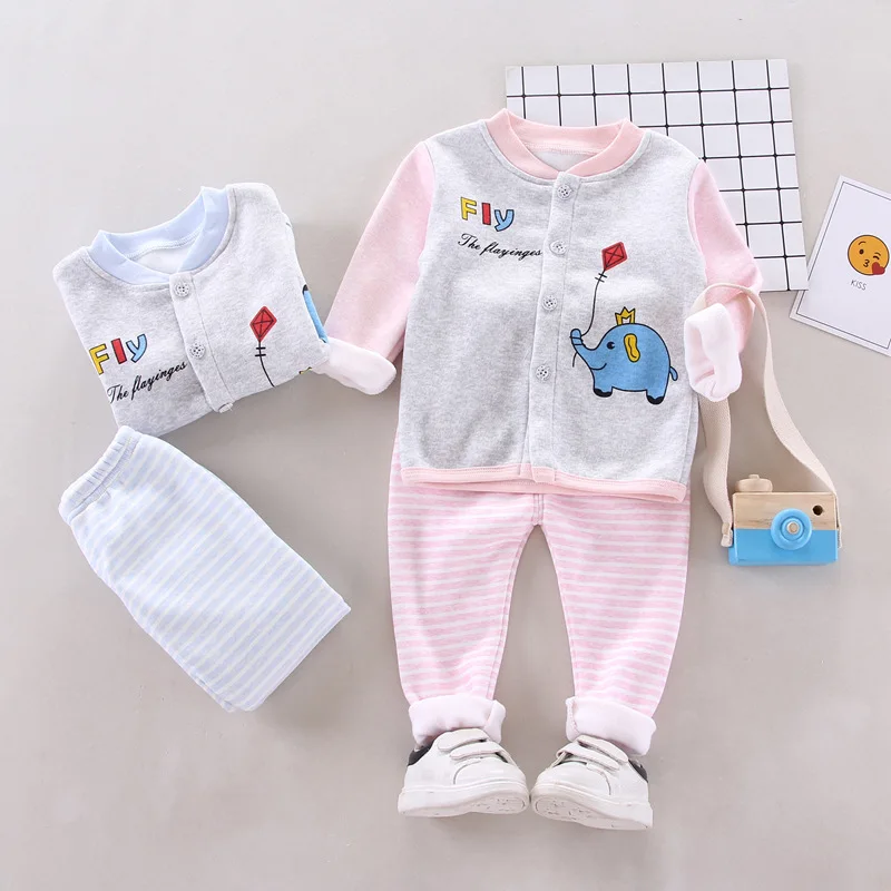 

[Smart Prince] Baby Girls Pajamas Autumn plus Velvet Thermal Underwear CHILDREN'S Suit Cardigan Buckle BOY'S Suit