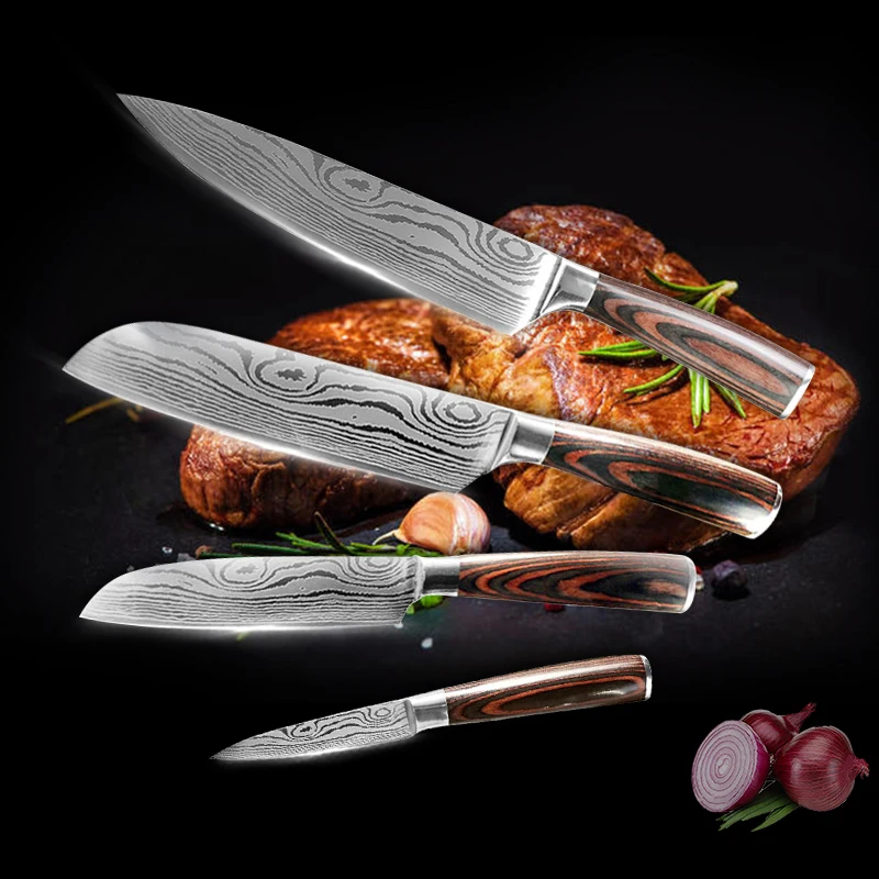 4pcs Набор ножей, Профессиональные Кухонные ножи шеф-повара, цветная деревянная ручка, лазерный дамасский узор, набор стальных ножей, многофункциональный инструмент для приготовления пищи - Цвет: 4pcs