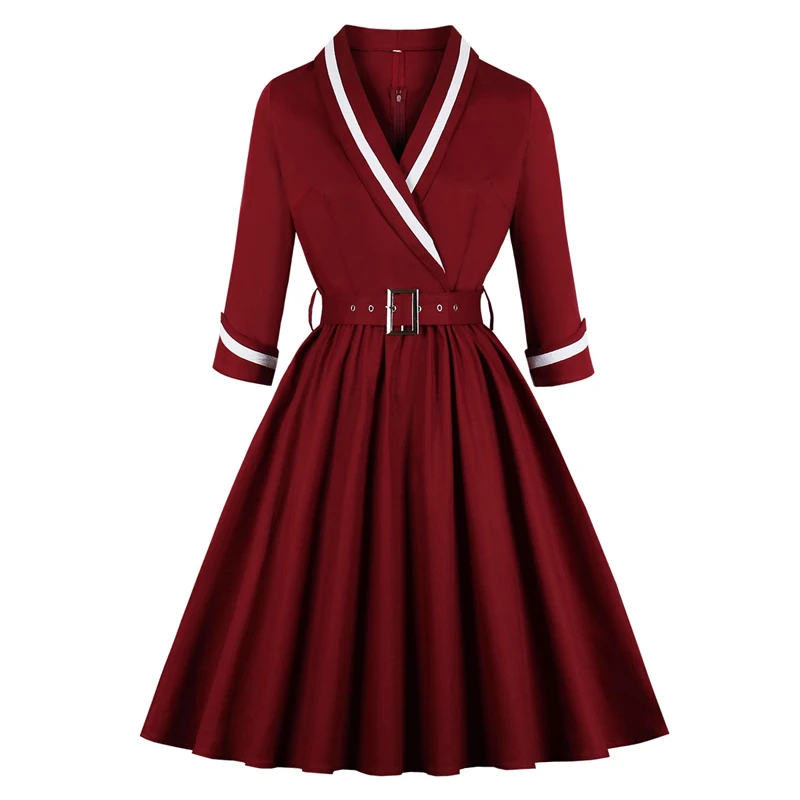 Tonval, винтажный стиль, с поясом, элегантное, плиссированное, осеннее платье, для женщин,, зима, 3/4, длина рукава, для офиса, хлопковые платья