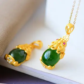 

New S925 Silver Inlaid Hotan Jasper Green Pixiu Necklace Pendant Lucky Fortune Light Luxury Luxury Women's Brand Jewelry