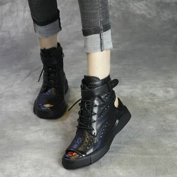 

Women White Boots Sandals Leather Low Heels Casual Shoes Summer Women Handmade Genuine Leather Motorcycle Boots Hollow Out 2019