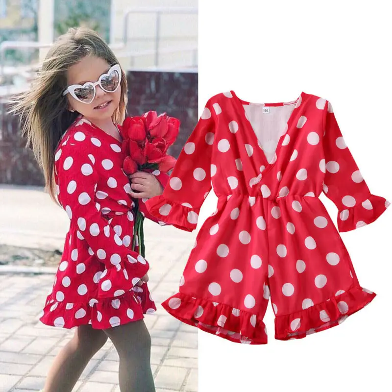 

2020 Infant Kids Baby Girls Rompers Polka Print V Neck Long Sleeve Romper Jumpsuits Trousers Outfits Clothes 3-8T