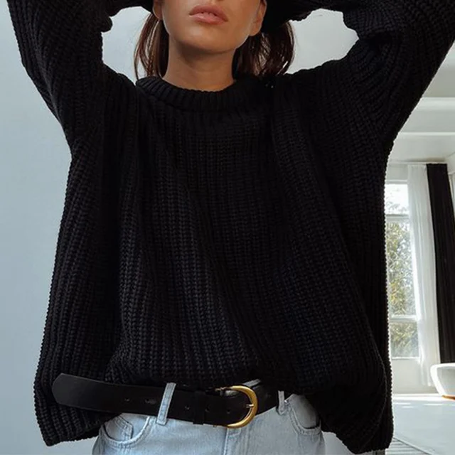 Women Solid Knitted Thickening Oversized Sweater Female Round Neck Long Sleeve Casual Loose Pullovers Top 2021 Autumn Winter Black