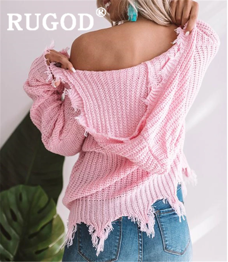 RUGOD/Женские однотонные вязаные толстовки с v-образным вырезом и кисточками; свободные большие размеры трикотаж; пуловеры; Новинка 2019 года;