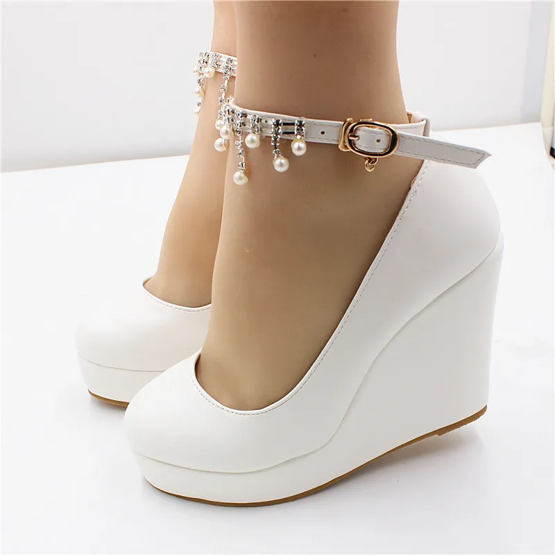 Sorbern White Wedges Ankle Chain Wedding Shoes Round Head Visible Platform Shoes