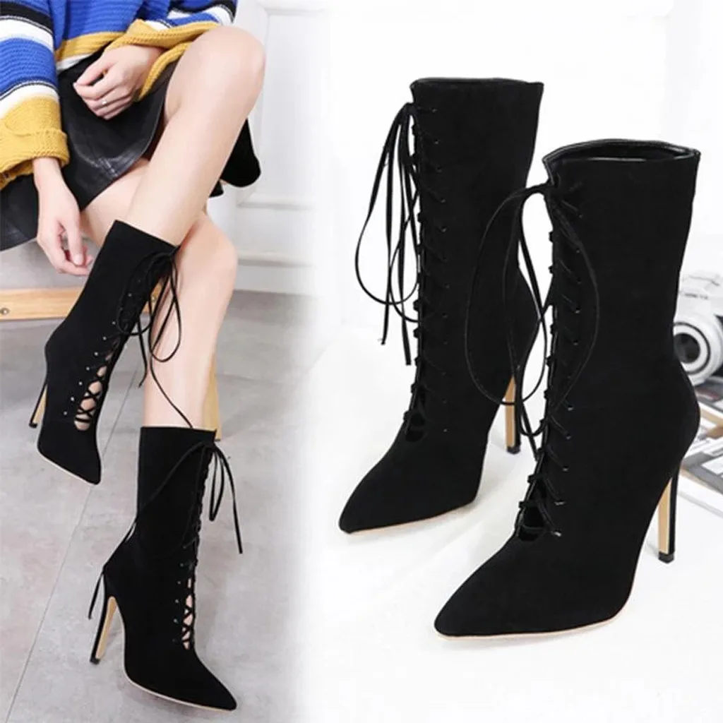Г. Ботинки женские зимние модные ботинки для отдыха в римском стиле, большие размеры, на шнуровке, на высоком тонком каблуке Женская обувь, теплая плюшевая Стелька#10