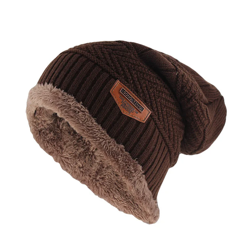 Зимние вязаные мужские шапки уличные теплые свободные удобные кепки утолщение плюс бархатная шапка уличные Лыжные шапки для мужчин и женщин - Цвет: Deep Brown