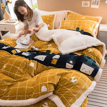 

Autumn Winter Flannel Bedding Set 4pcs Suede Duvet Cover Fleece Flat Sheets Pillowcase Cute Cartoon Printed Cashmere Quilt Cover