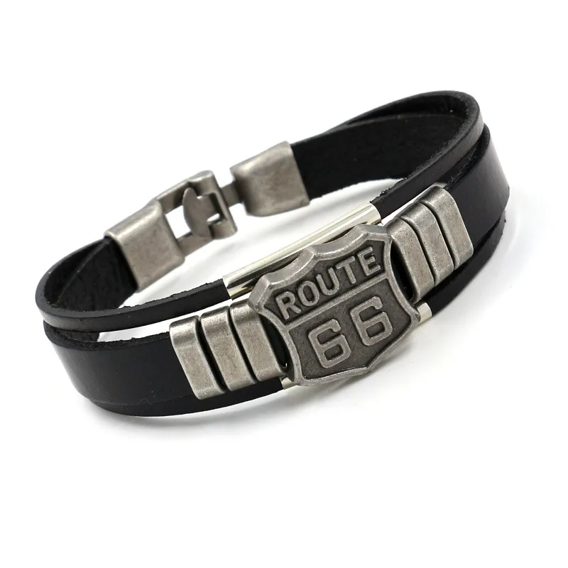 New Men’s Leather Bracelet with Hot ROUTE 66 60s Road Sign Motorcycle Biker Rider Black Bangles Males Jewelry