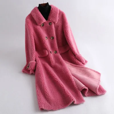 rose Red Женское зимнее шерстяное меховое пальто, пушистое пальто из настоящей овечьей шерсти, Женская плюшевая куртка из натурального меха, толстое теплое длинное пальто - Цвет: rose Red