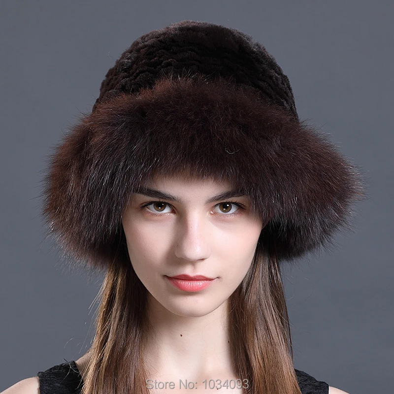 100%Real Rex Rabbit Fur Knitted Beanies Top Hat Fox Fur Brim Ladys Fur Hat Cap