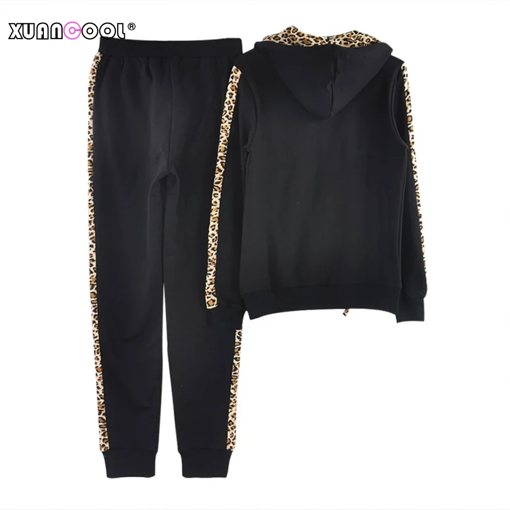 Ceny XUANSHOW moda damska dres długi garnitur ze spodniami zestaw jesienno zimowy wzór w cętki kieszeń na zamek bluzy z polaru płaszcz 2 sztuka S XXL