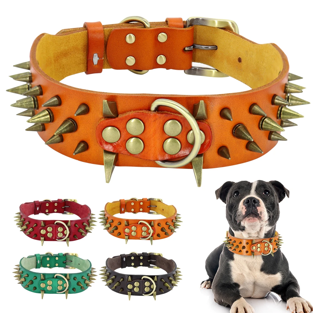 Spiked Bezaaid Leer Halsbanden Breed Sharp Pitbull Halsband Verstelbare Voor Medium Grote Honden Boxer Bulldog Rood xl|Kragen| AliExpress