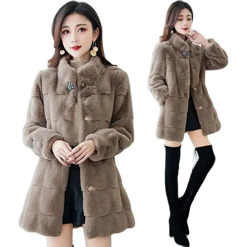 

High-End Danish Mink Faux Fur Coat Female Winter 2022 New Thick Stand-Up Collar Woolen Jackets Women Long Mother's Warm Coat4XL