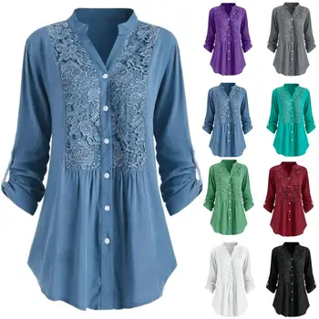 

Plus Size Blouse women блузка женская Summer autumn tops and blouses Button Lace V Neck Long Sleeve shirts Free shipping #3