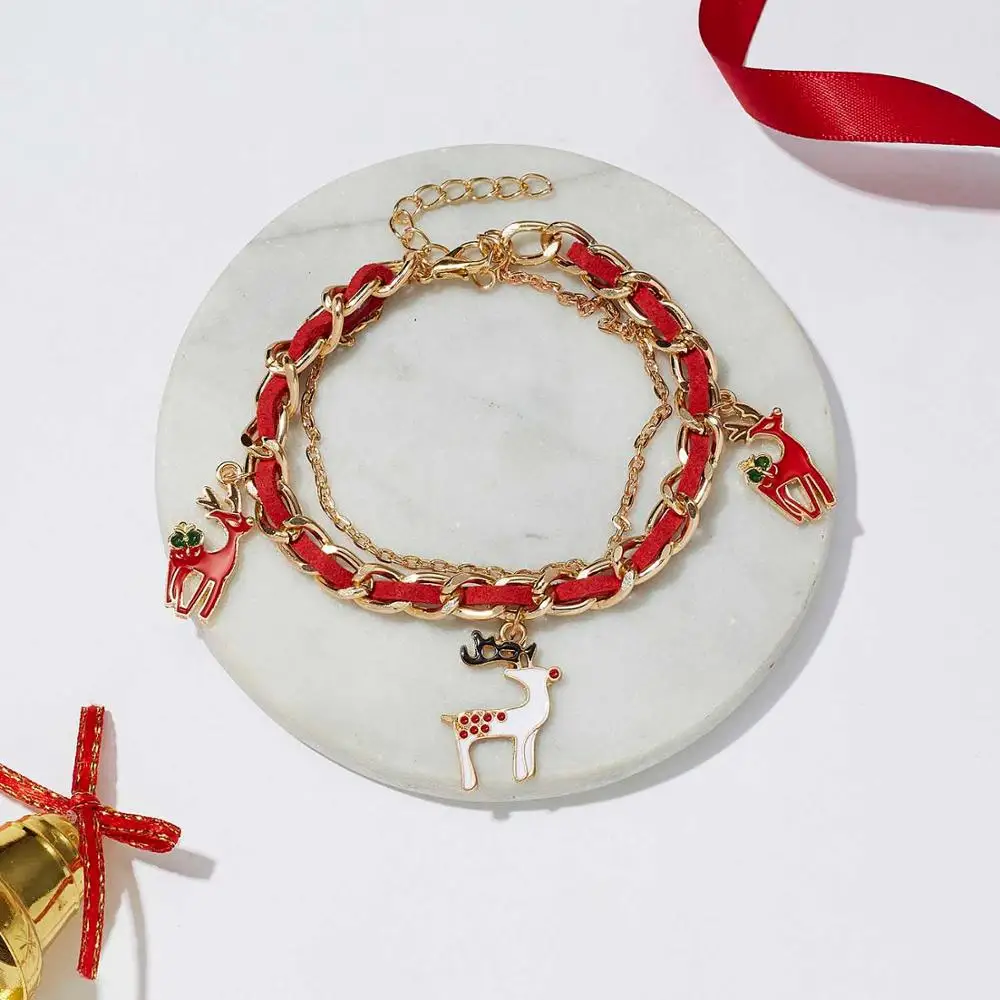 Rinhoo Christmas Adjustable Bracelets Women Santa Claus Elk Xmas Tree Gloves Wreath Snowman Moon Bells Double-layer Bracelets - Окраска металла: 4