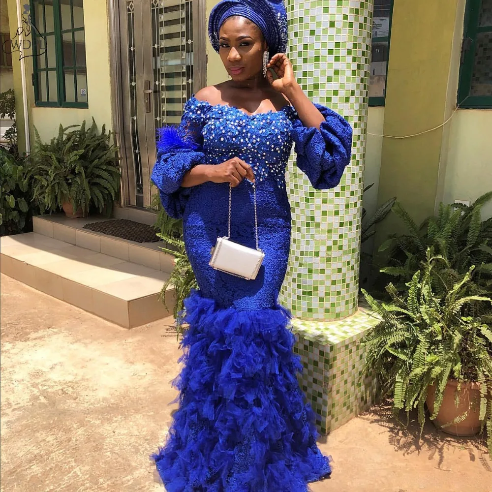 Aso Ebi арабское платье с юбкой годе Королевского синего цвета вечернее платье с открытыми плечами Кружева Бисер широкий длинный рукав платья для выпускного вечера Abendkleider