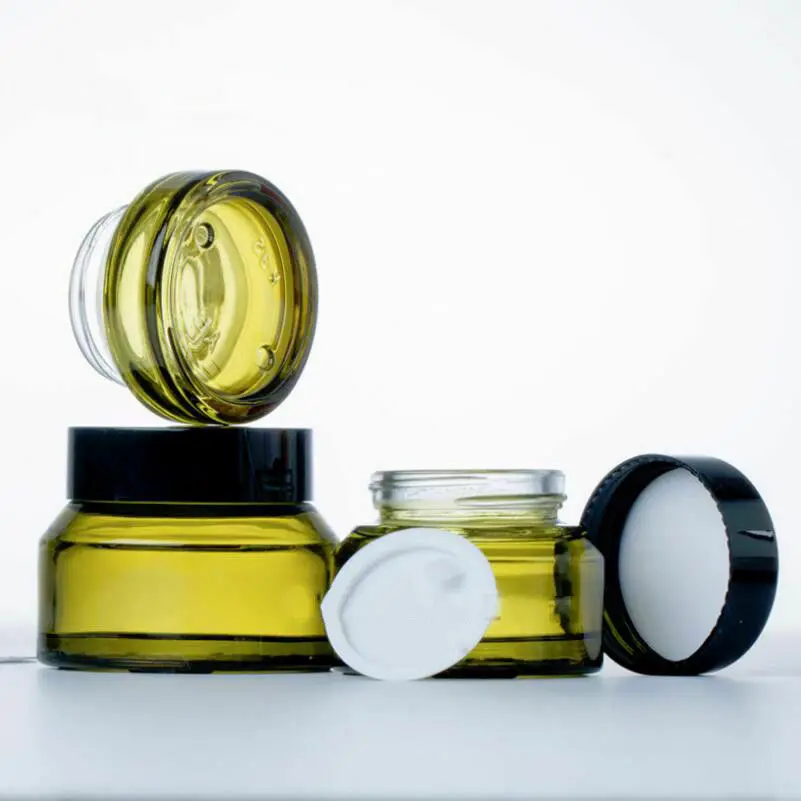 

5 шт. X 15 г 30 г 50 г зеленые стеклянные фотостеклянные банки горшки для косметического крема для лица бальзам для губ для хранения образцов с прокладками