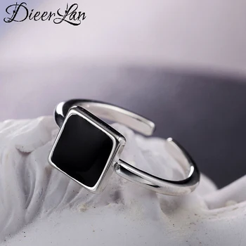 

Fashion 925 Sterling Silver Black Square Rings For Women Adjustable Size Finger Rings Girls Party Wedding Jewelry